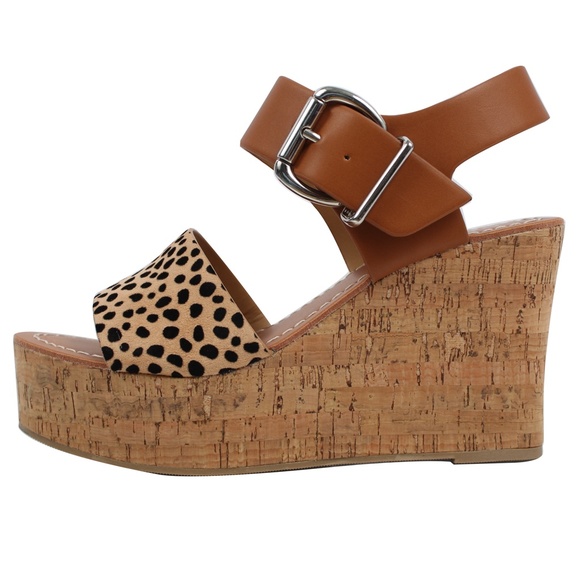 Size 10 Tan Cheetah Open Toe Ankle Strap Cork - Picture 2 of 5